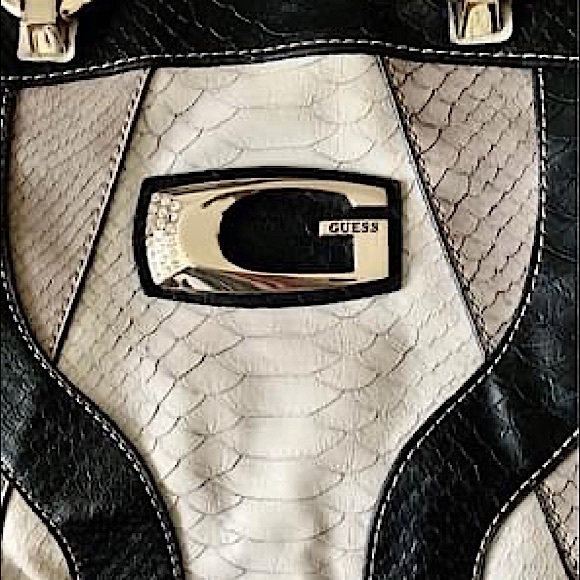 GUESS tan, white & black faux snakeskin tote purse - Picture 3 of 5